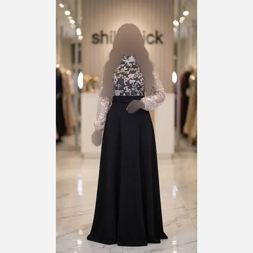 پیراهن زنانه مدل فریال جنس فلامنت و تور رنگ مشکی قد 160