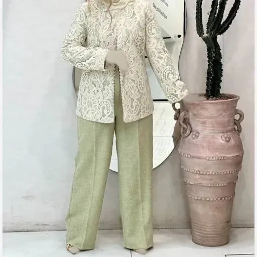 ست مانتو و شلوار مجلسی گیپور و مازراتی مرواریدی زنانه