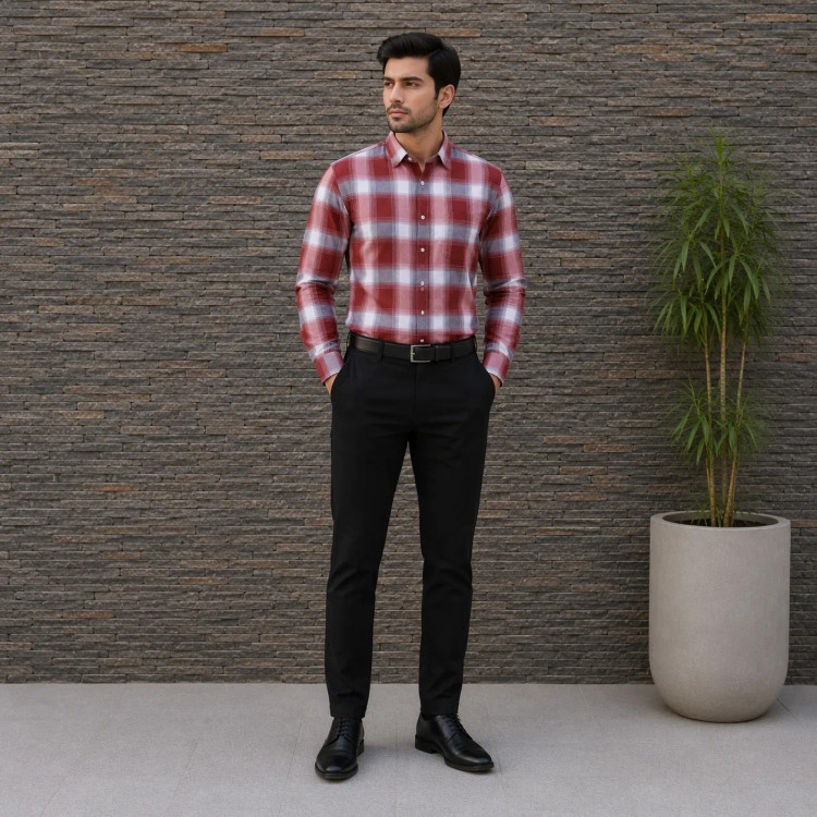 پیراهن چهارخانه مردانه آستین بلند تترون قواره آزاد