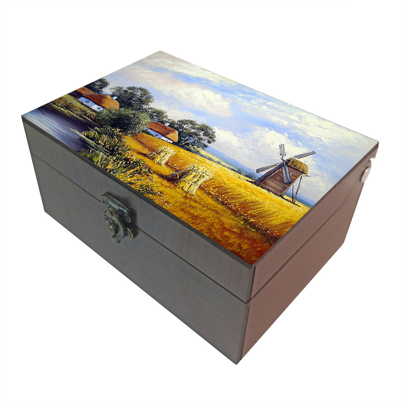 جعبه هدیه چوبی مدل J002 طرح نقاشی منظره مزرعه و کلبه و آسیاب بادی
