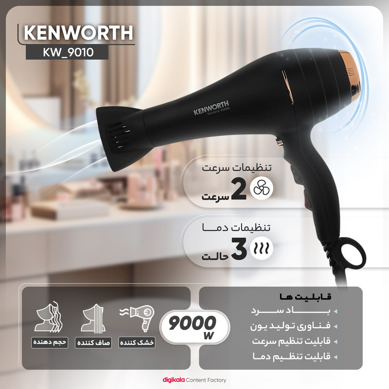 سشوار حرفهای 9000 وات کنورث مدل KW_9010، موتور AC، وزن 700 گرم، دارای سری متمرکزکننده باریک با ویژگی صافکنندگی، با قابلیت باد سرد، فناوری تولید یون