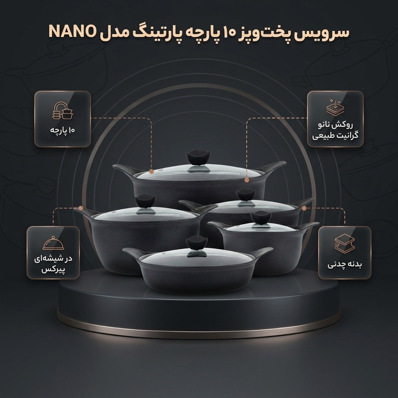 سرویس قابلمه و تابه چدنی 10 پارچه پارتینگ مدل NANO