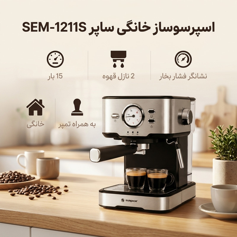 اسپرسوساز ساپر مدل SEM-1211S خانگی، 15 بار فشار بخار، 2 نازل قهوه، ظرفیت مخزن آب 2000 میلیلیتر