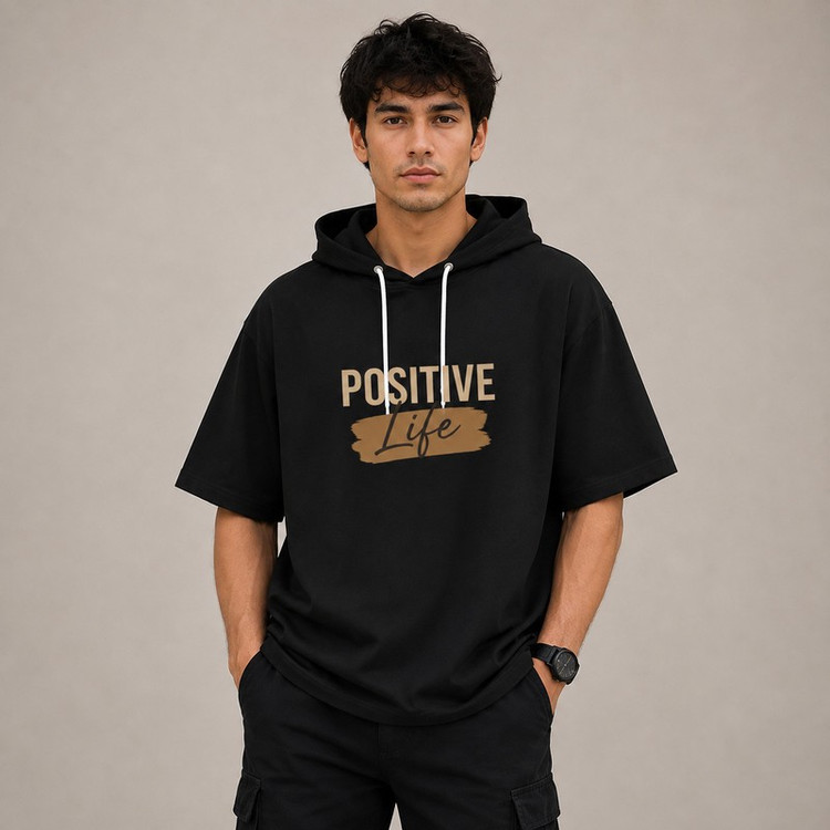 تی شرت مردانه کلاهدار پنبهای طرح حروف مدل positive