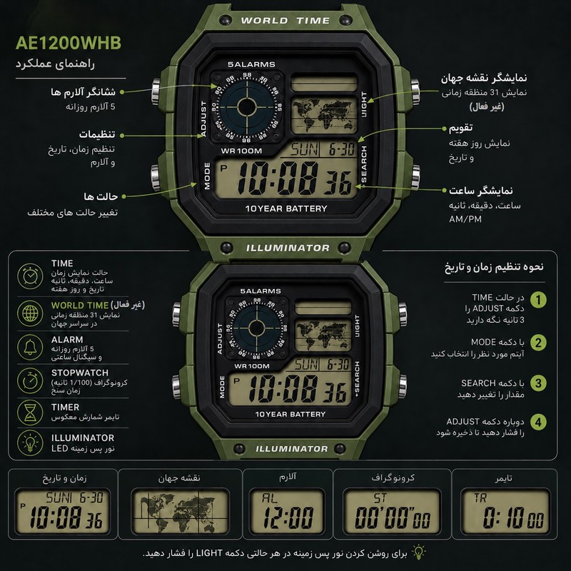 ساعت مچی دیجیتال جهان نما ماژول ژاپن مدل AE-1200WHB-C1