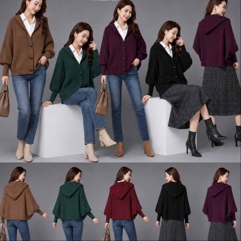 ژاکت زنانه بافت کیمونو مدل ساده کلاهدار با دکمه