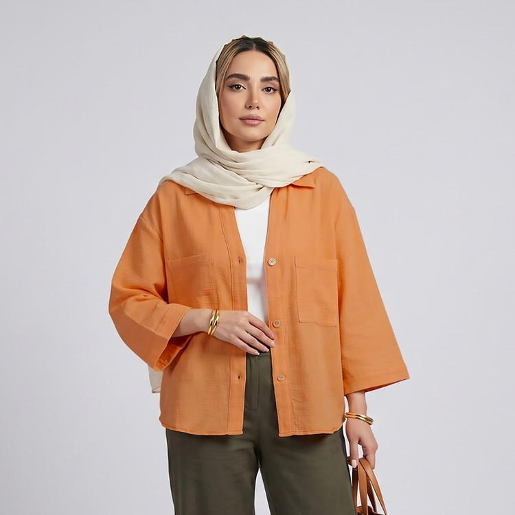 کراپ شومیز آستین سه ربع یقه برگردان زنانه هایکا مدل کادنزا