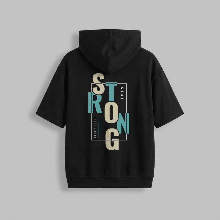 تی شرت مردانه کلاهدار نخی گرم بالا طرح حروف مدل STRONG