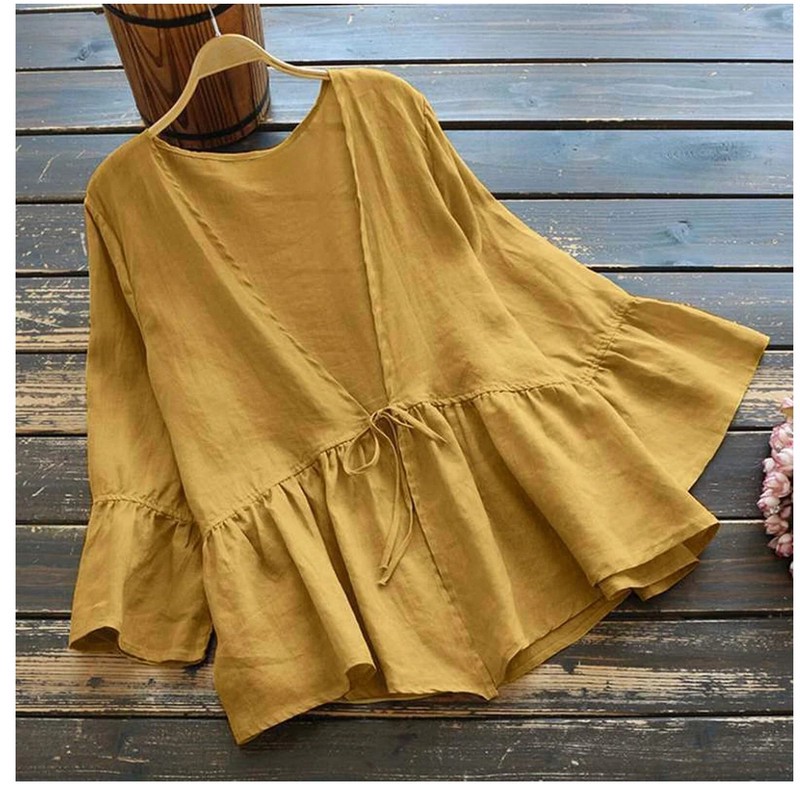 شومیز زنانه آستین بلند مدل رزا بندی با تنخور آزاد و یقه باز از جنس ابر و بادی مناسب استفاده روزمره، اداری و مهمانی