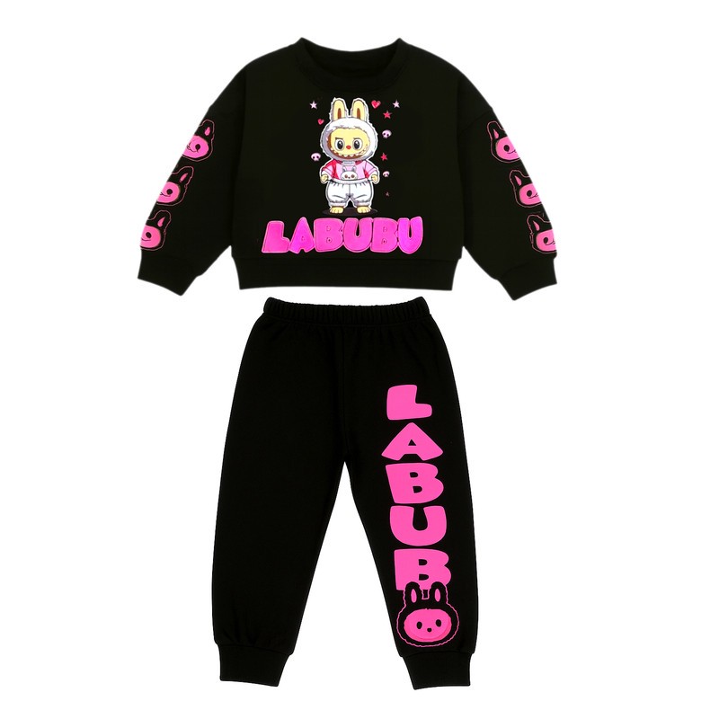 ست تیشرت آستین بلند و شلوار راحتی دخترانه مدل کراپ لبوبو کد LABUBU 8983