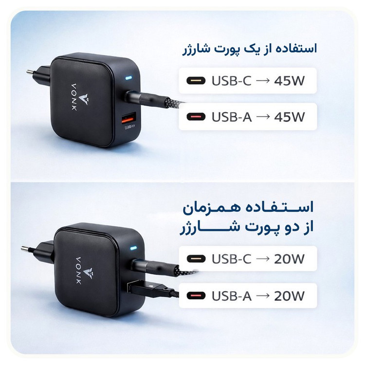 شارژر دیواری 45 وات دو پورت وونک مدل PD 45 به همراه کابل usb-c