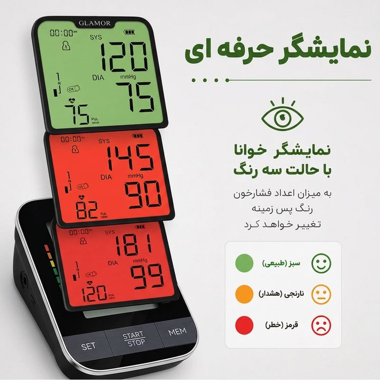 فشارسنج بازویی دیجیتال گلامور مدل DBP-1332، با نمایشگر LCD، اعلان صوتی فارسی، نور پسزمینه چندرنگ، منبع انرژی برق و با...