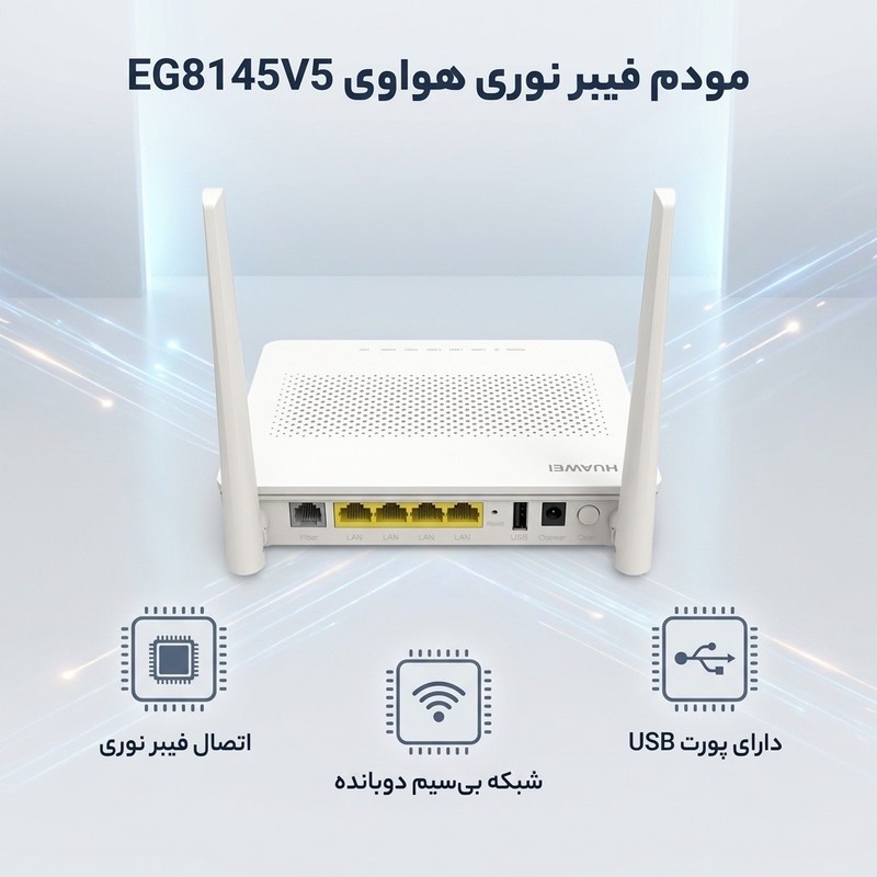 مودم فیبر نوری دوبانده مدل EG8145V5 با پشتیبانی از شبکه 4G، سرعت بیسیم تا 866 مگابیت، دو آنتن خارجی، قابلیت اتصال 10 ...