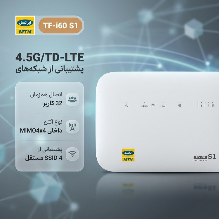 مودم 4G ایرانسل مدل TF-i60 S1 با پشتیبانی شبکههای 4G، 4.5G، TD-LTE و 3G، قابلیت اتصال همزمان 32 کاربر، پشتیبانی از 4 ...