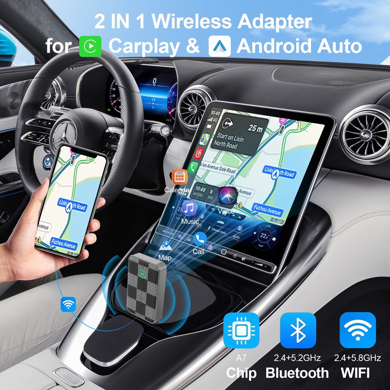 کارپلی و اندروید اتو مدل Wireless CarPlay/Android Auto به همراه مبدل USB به USB-C و کابل افزایش طول USB