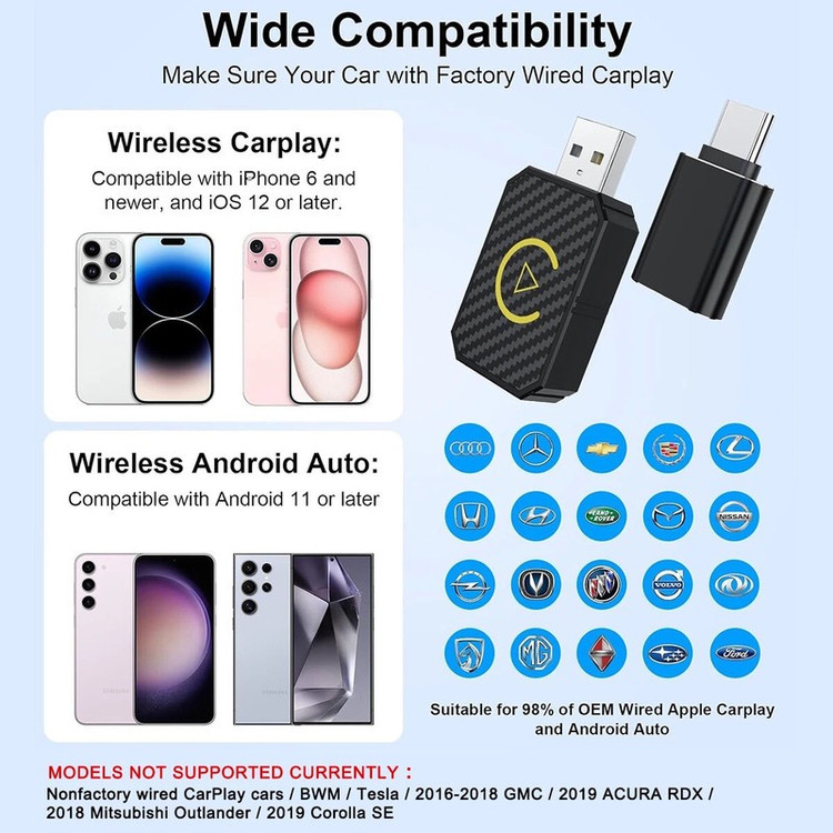 کارپلی و اندروید اتو مدل Wireless CarPlay/Android Auto Q1M به همراه مبدل USB به USB-C