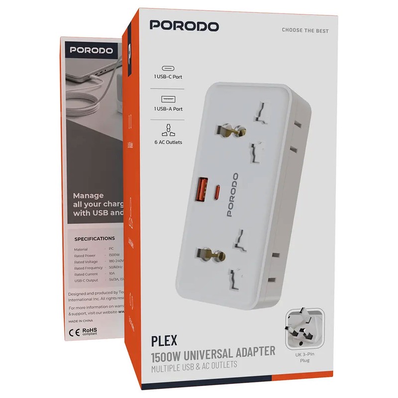 تبدیل دیواری پرودو مدل Plex 1500W Universal Adapter FWCH107