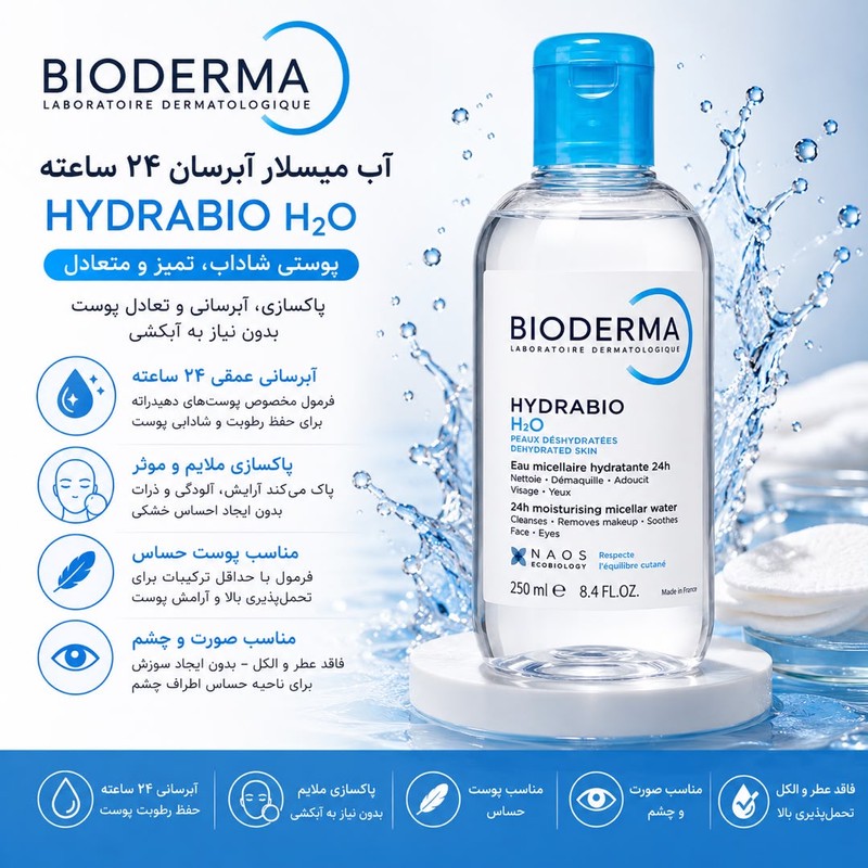 محلول پاک کننده آرایش صورت بایودرما مدل Hydrabio H2O مناسب انواع پوست حجم 250 میلی لیتر