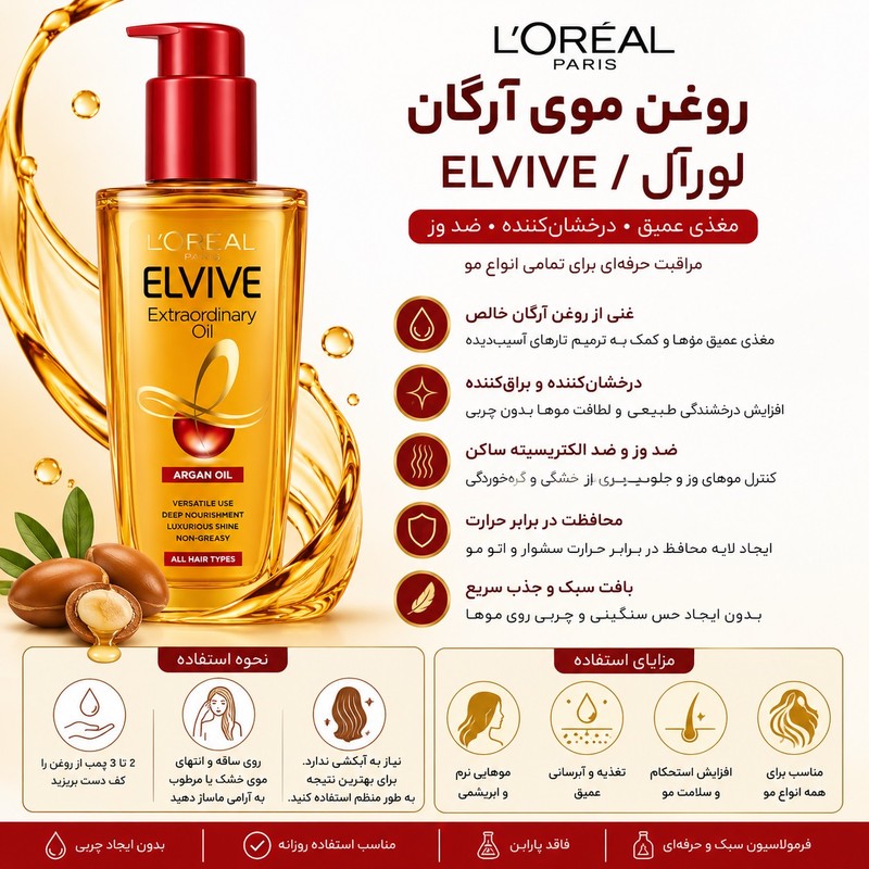 روغن مو ضد وز و نرمکننده لورآل مدل Elseve مناسب انواع مو حجم 100 میلیلیتر