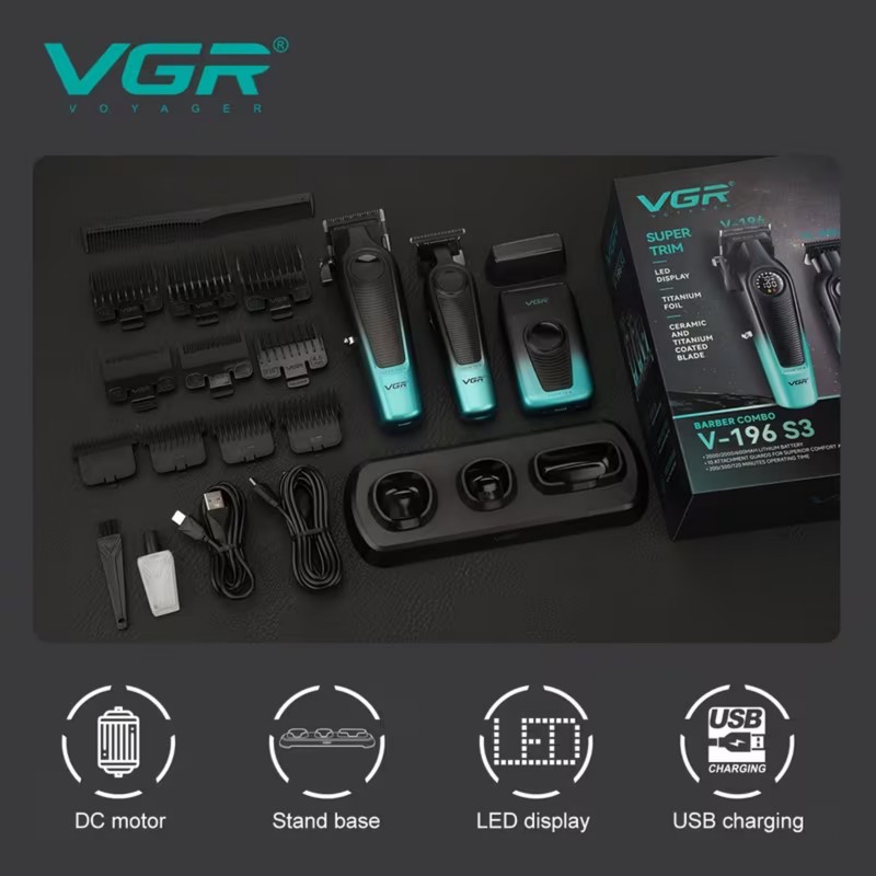 ست ماشین اصلاح موی سر و صورت و بدن شارژی وی جی ار مدل V-196 S3 مجموعه 3 عددی وزن 600 گرم با باتری لیتیمی 2000 میلیآمپ...