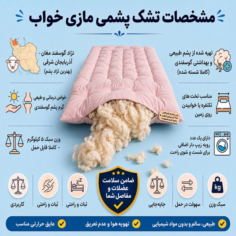 تشک مهمان مازی خواب مدل پشمی رویه دار یک نفره سایز ۹۰۲۰۰ سانتی متر