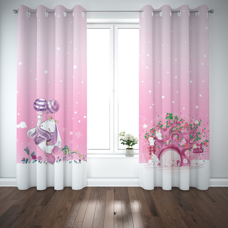 پرده مدل اتاق کودک طرح دخترانه خرگوش پرنده سایز 140x280 سانتی متر