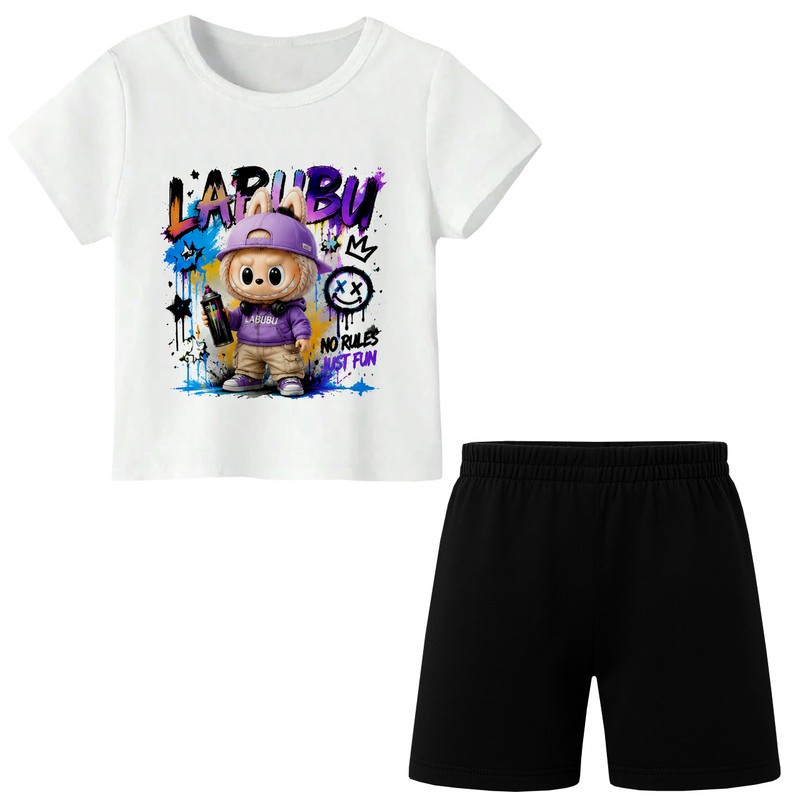 ست تیشرت آستین کوتاه و شلوارک راحتی دخترانه مدل A229 طرح LABUBU